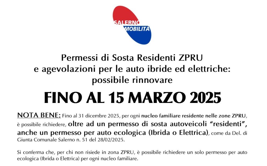 Proroga termini per rinnovo Permessi di Sosta Residenti ZPRU e agevolazioni per le auto ibride ed elettriche: informazioni e modalità di pagamento