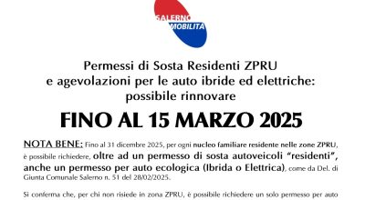 Proroga termini per rinnovo Permessi di Sosta Residenti ZPRU e agevolazioni per le auto ibride ed elettriche: informazioni e modalità di pagamento